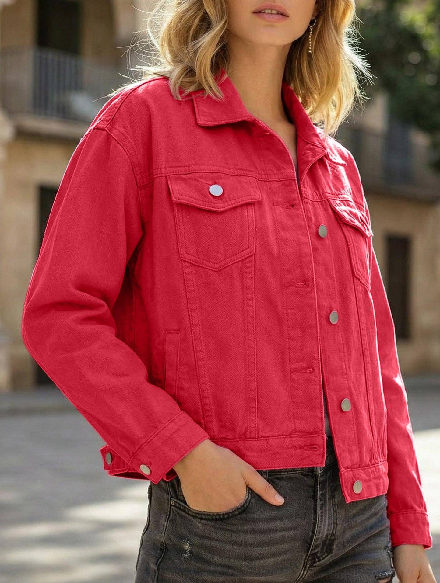 Lovenne - Solid color slim cropped denim jacket casual jacket