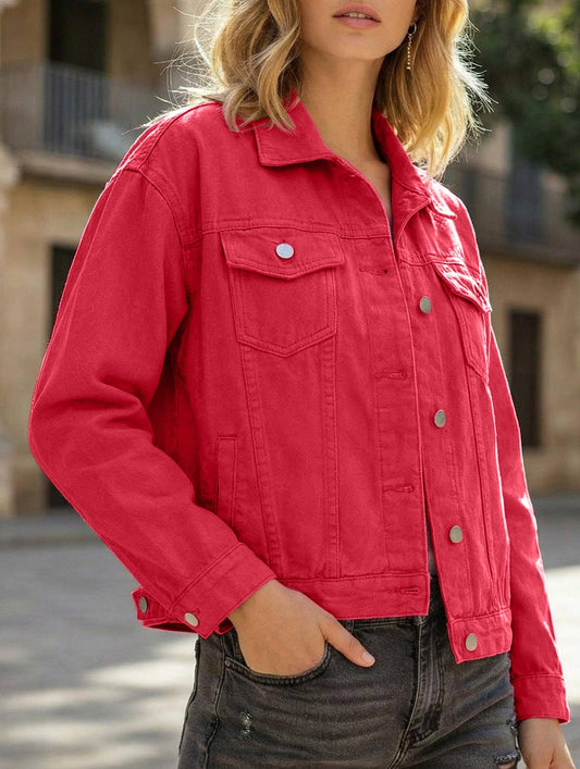 Lovenne - Solid color slim cropped denim jacket casual jacket