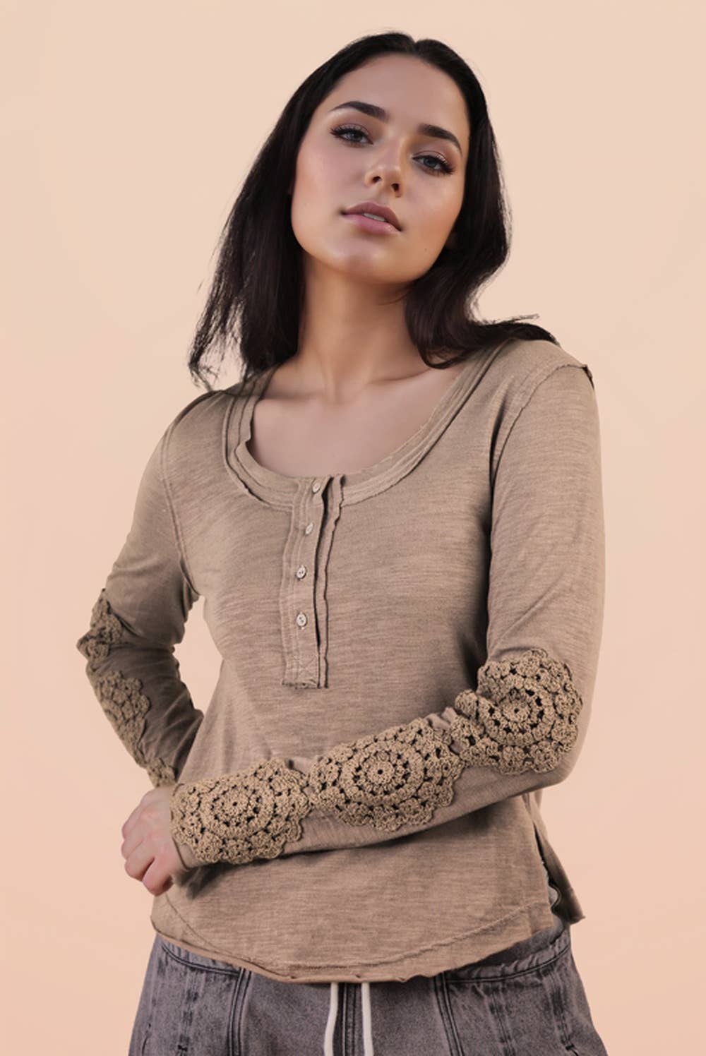 VERY J - NT12252-Sleeve Lace Trim Solid Knit Top