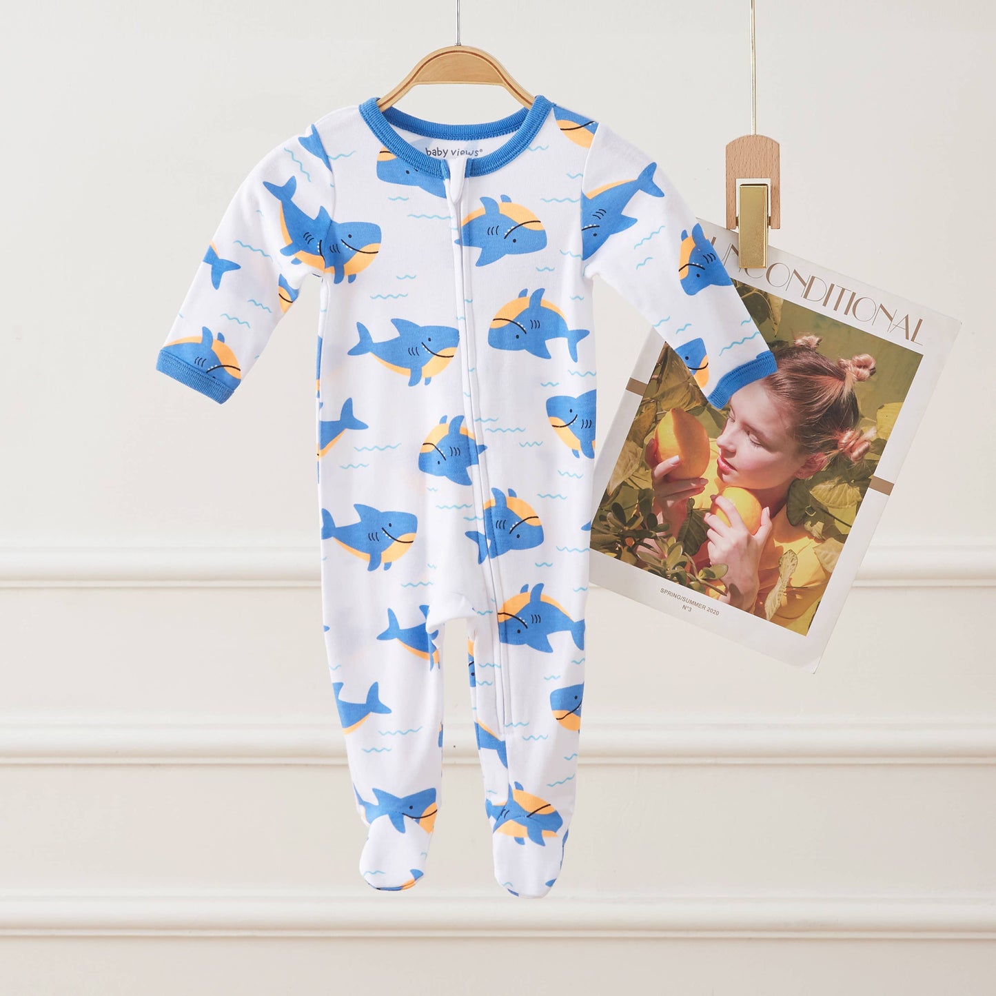 Lollipop Dreams - Shark & Waves Pattern Zipper Footie Pajamas Romper