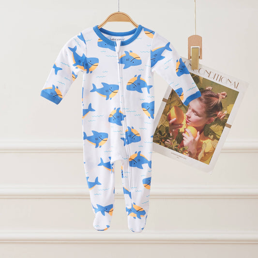 Lollipop Dreams - Shark & Waves Pattern Zipper Footie Pajamas Romper