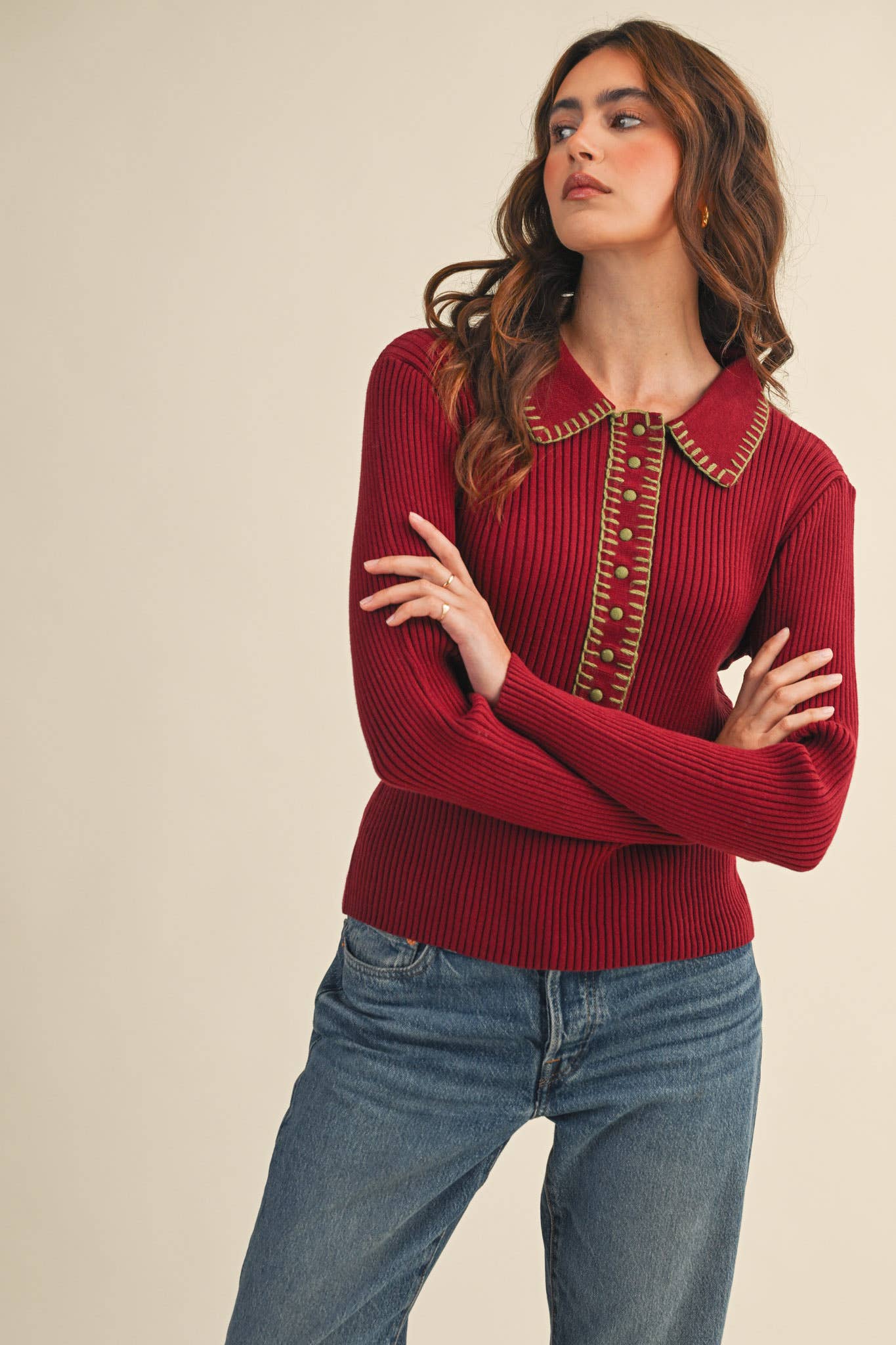 &MERCI - COLLARED RIBBED SWEATER WITH CONTRAST STITCH MSW11233