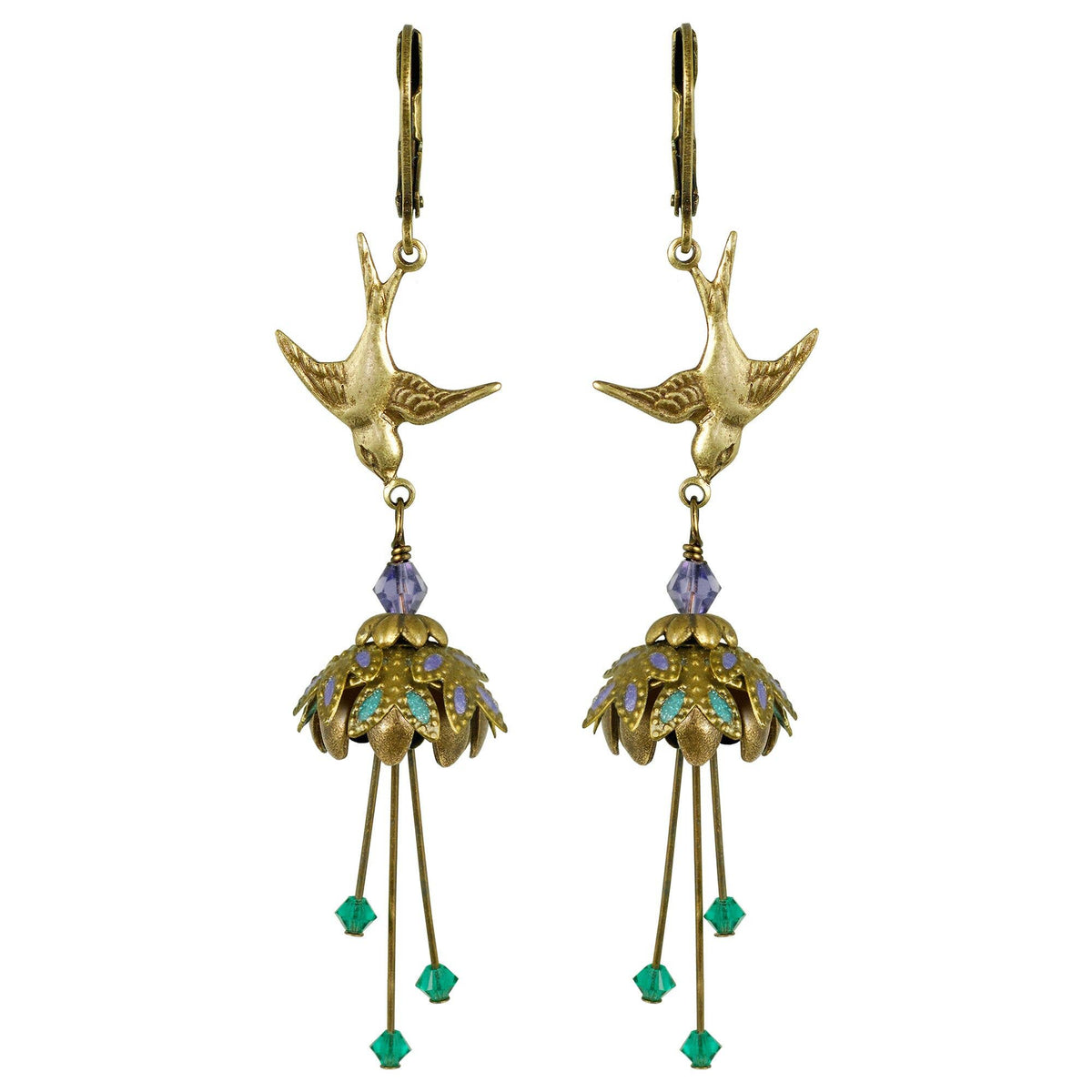 NoMonet - Flower Fairy: Floral Bird Hand Painted Earrings w/ Crystals