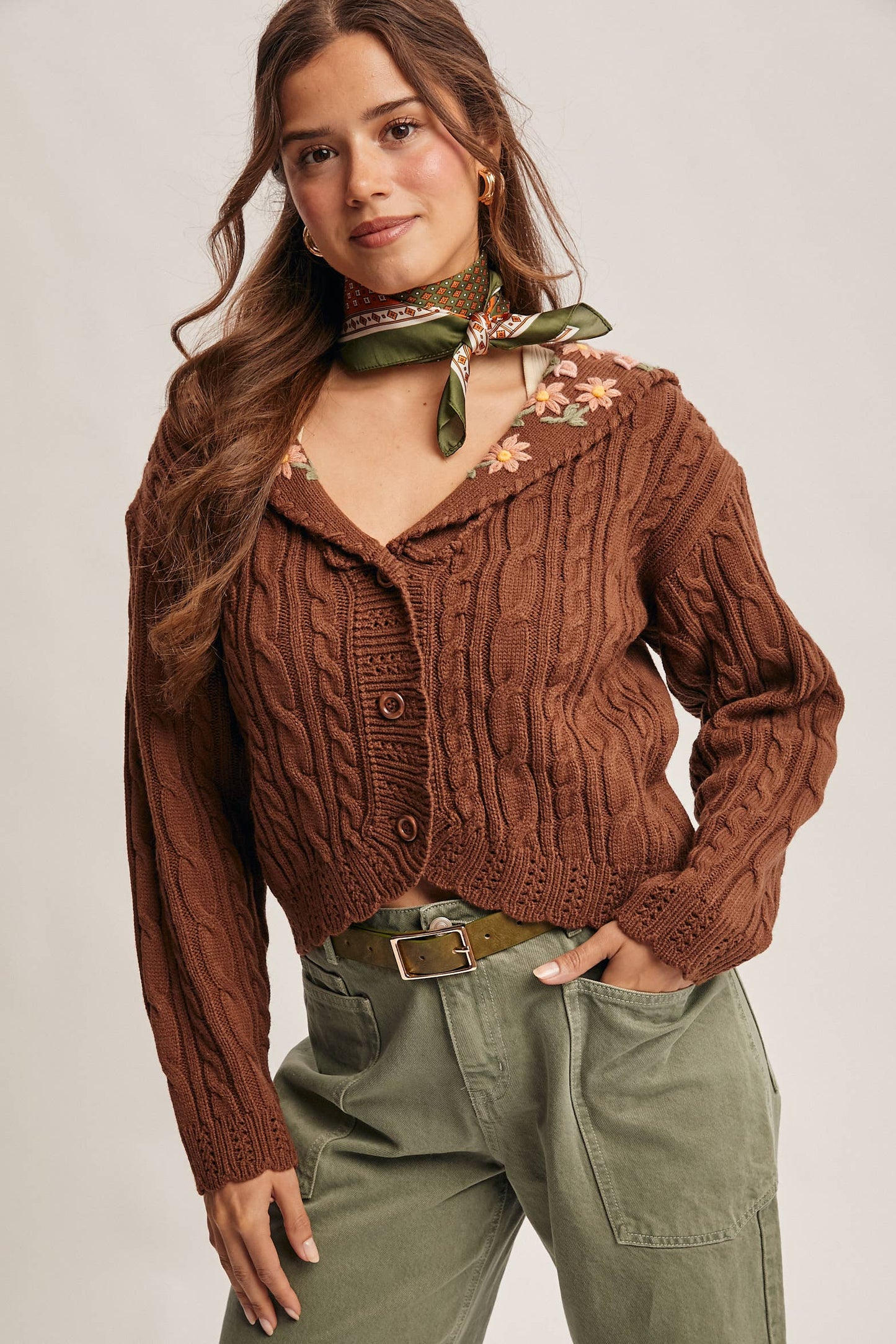 Forte - Cable Knit Embroidered Collar Cardigan FSW0024