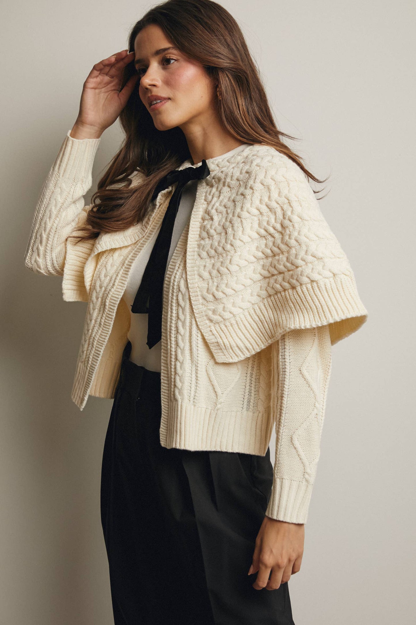 Forte - Cable Knit Capelet Cardigan with Velvet Bow FSW0017