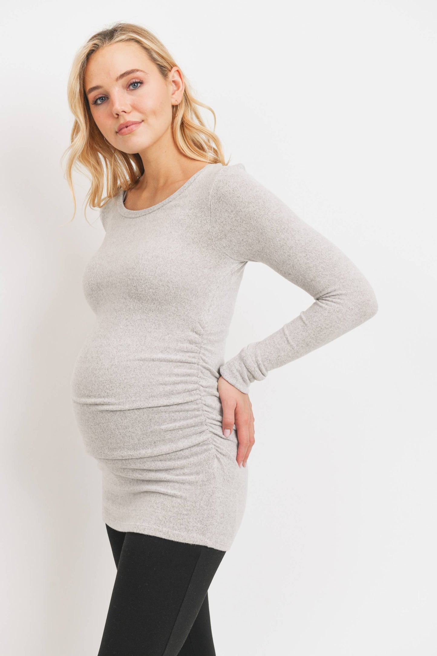 Hello Miz - Ruched Long Sleeve Maternity Knit Top