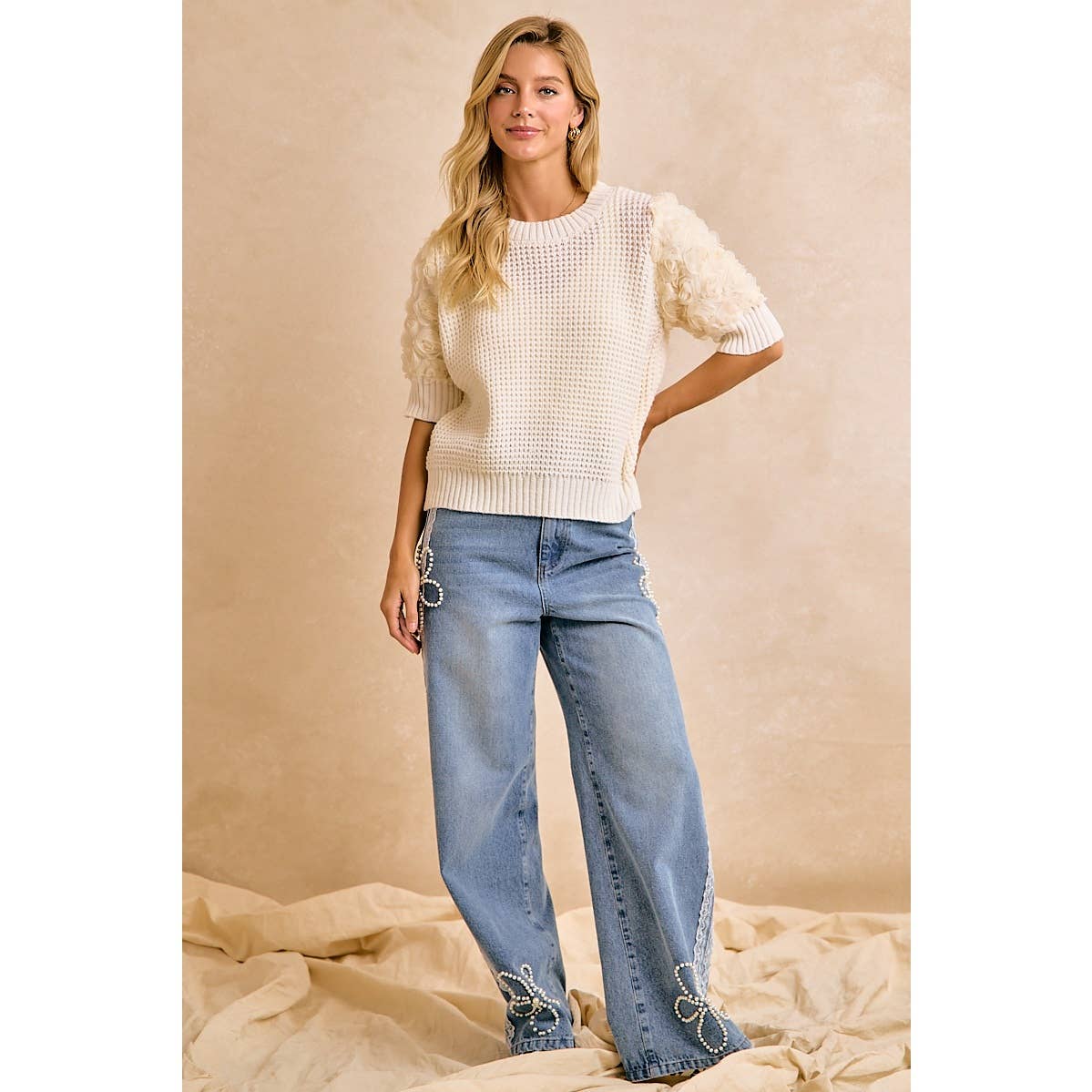 BiBi - LACE TRIM PEARL FLORAL WIDE LEG JEANS