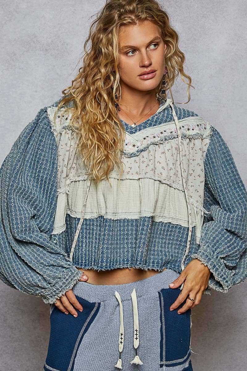 Pol Clothing - Balloon Sleeve Textured Denim Twill Patch Ruffle Hoodie Top