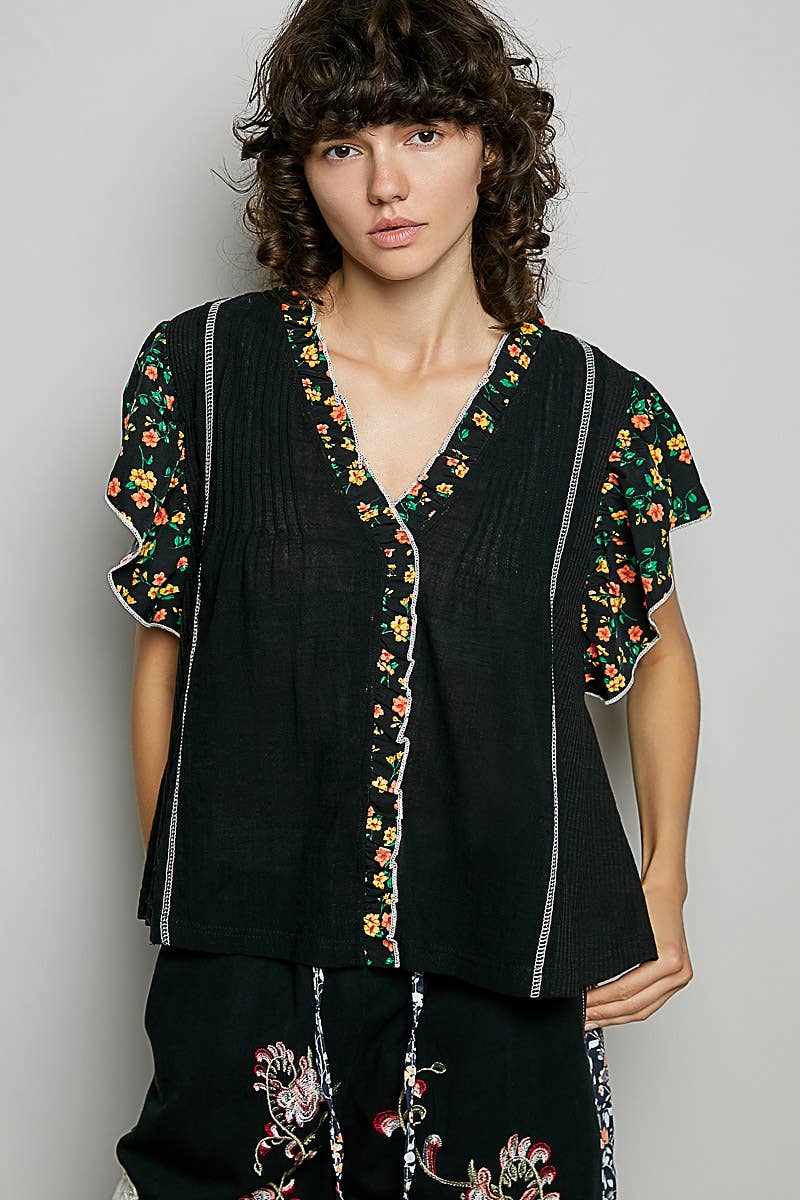 Pol Clothing - V neck Ruffle Sleeve Pintuck Contrast Woven Top
