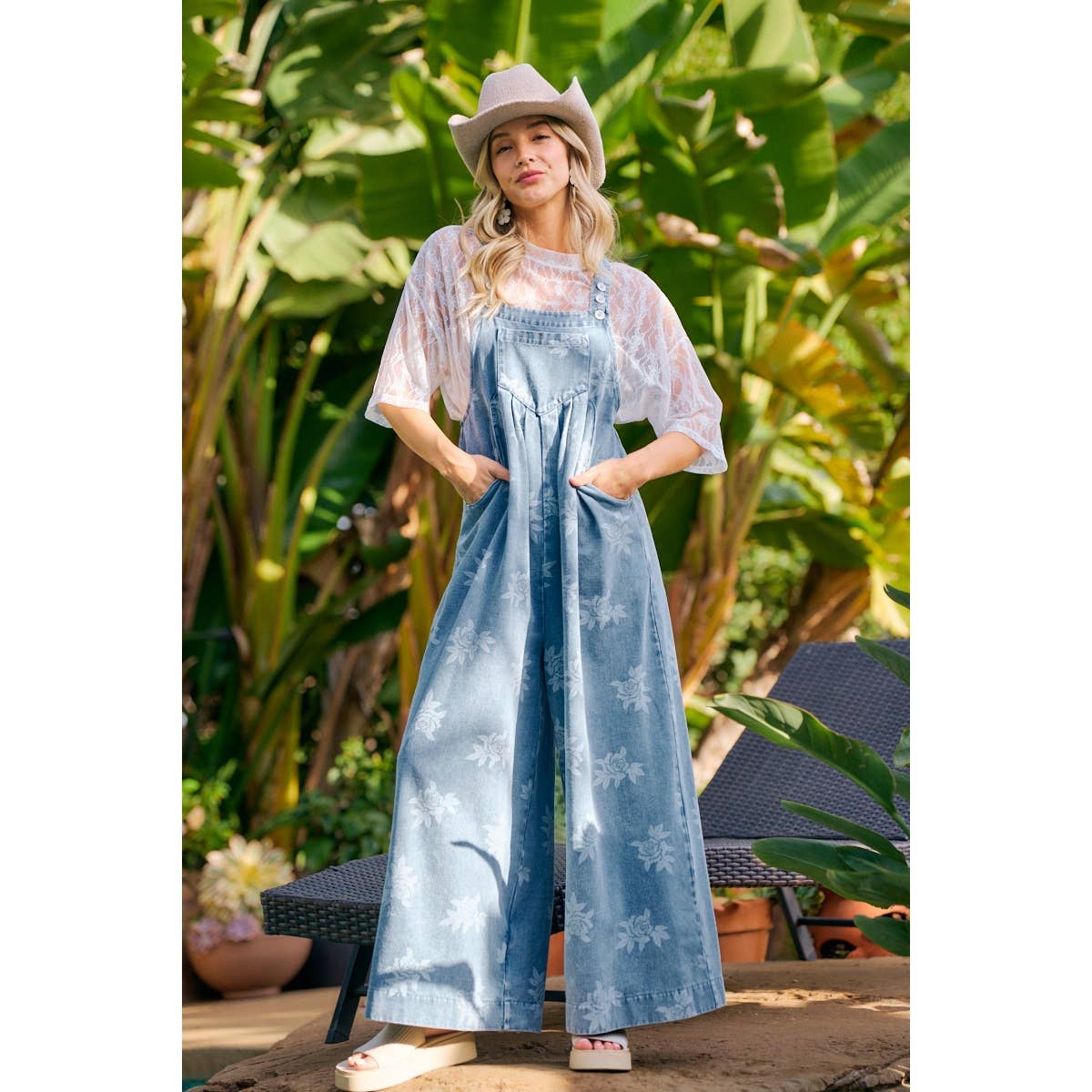 BiBi - ROSE PRINTED WASHED DENIM OVERALLS WITH PLEATS
