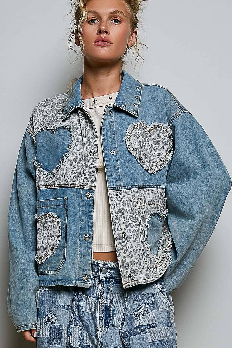 Pol Clothing - Heart-Shaped Patch Pockets Texture Stud Collar Woven Jacket