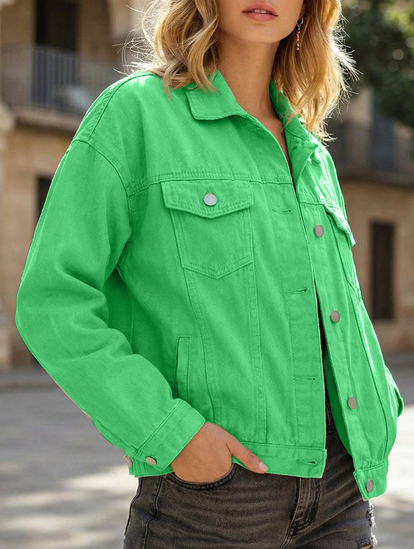 Lovenne - Solid color slim cropped denim jacket casual jacket