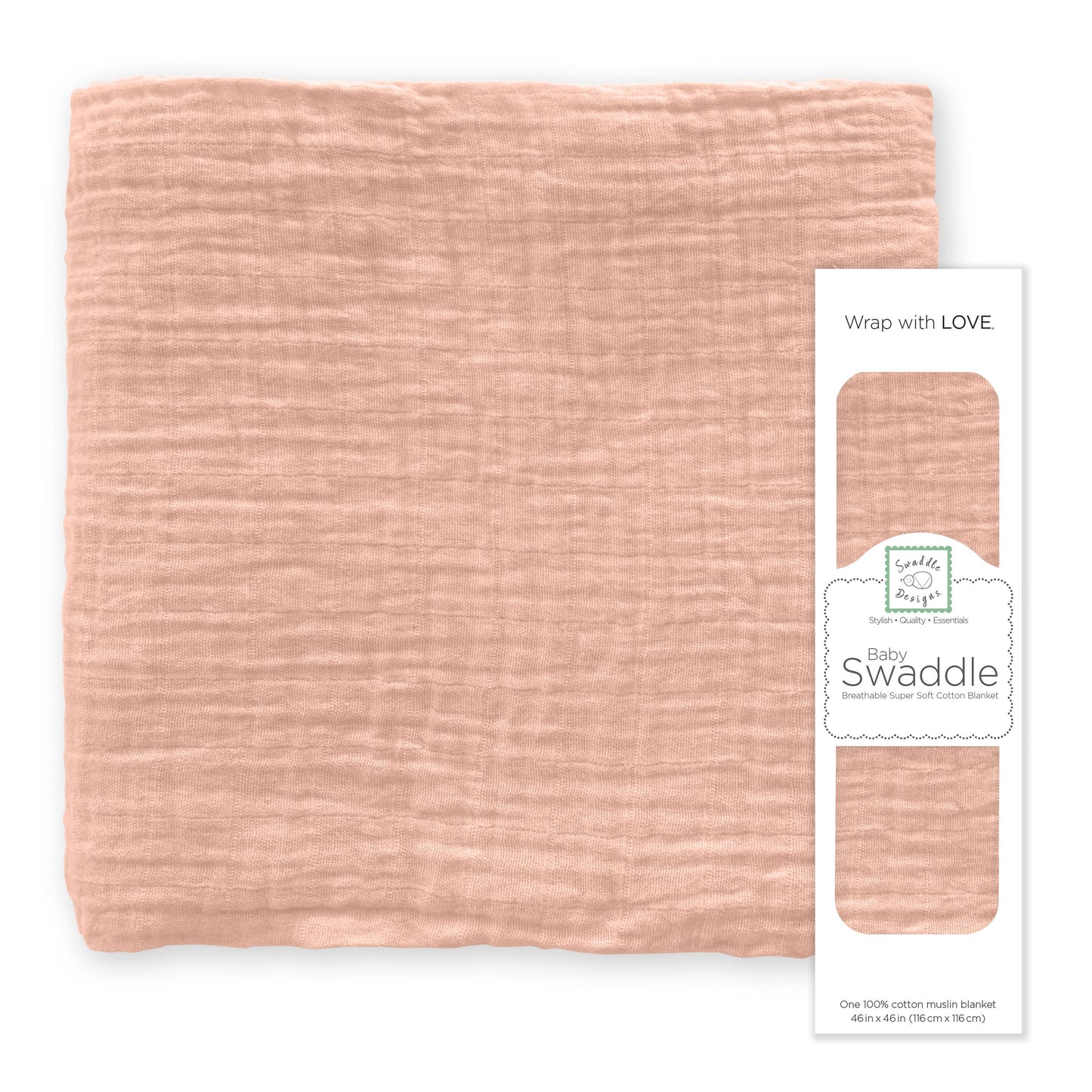 SwaddleDesigns - Peach Blush Muslin Swaddle Blanket, Premium Cotton