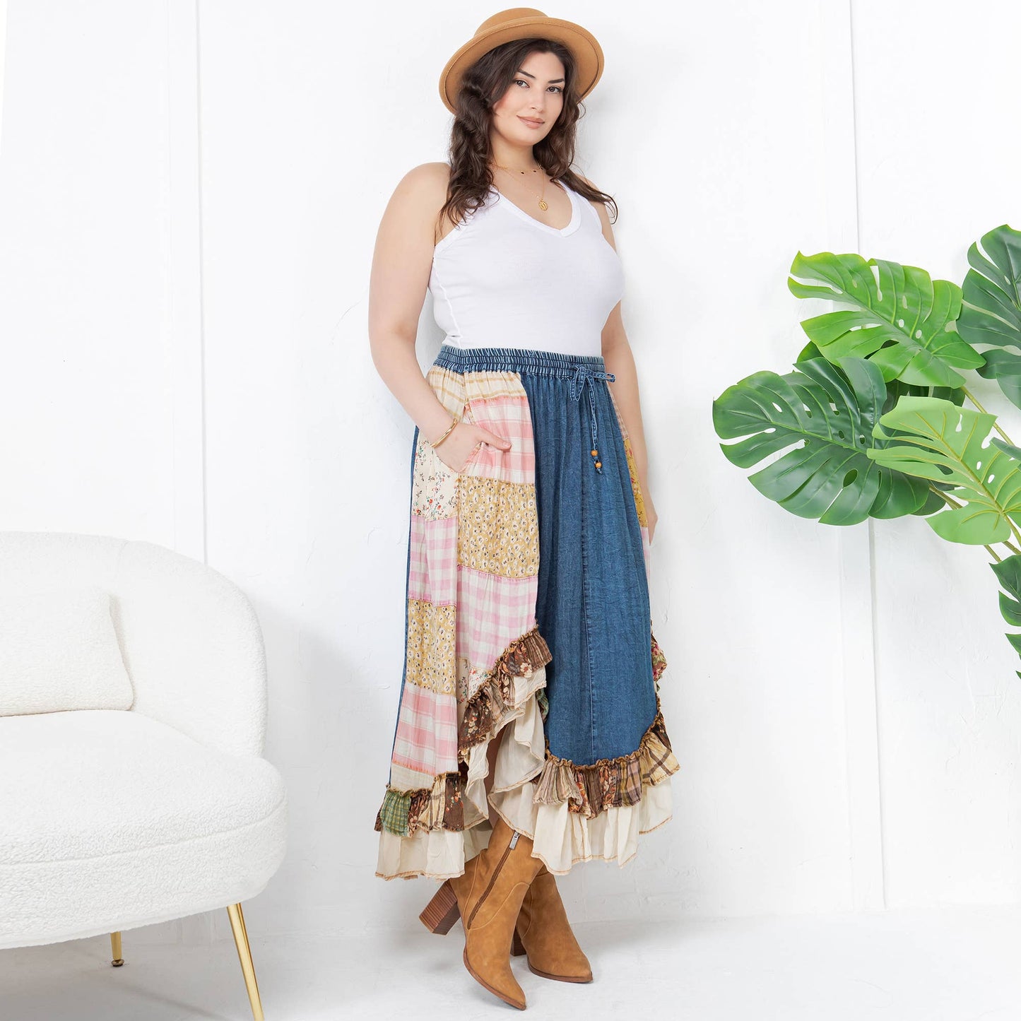 Young Threads - Western Boho Chic: Patchwork Midi Skirt