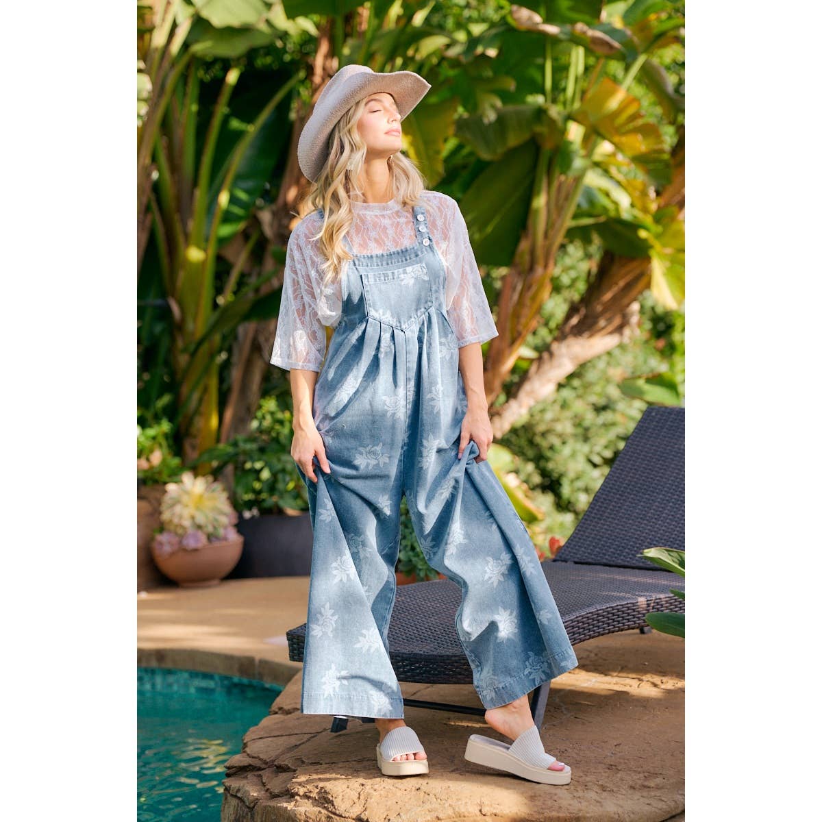 BiBi - ROSE PRINTED WASHED DENIM OVERALLS WITH PLEATS