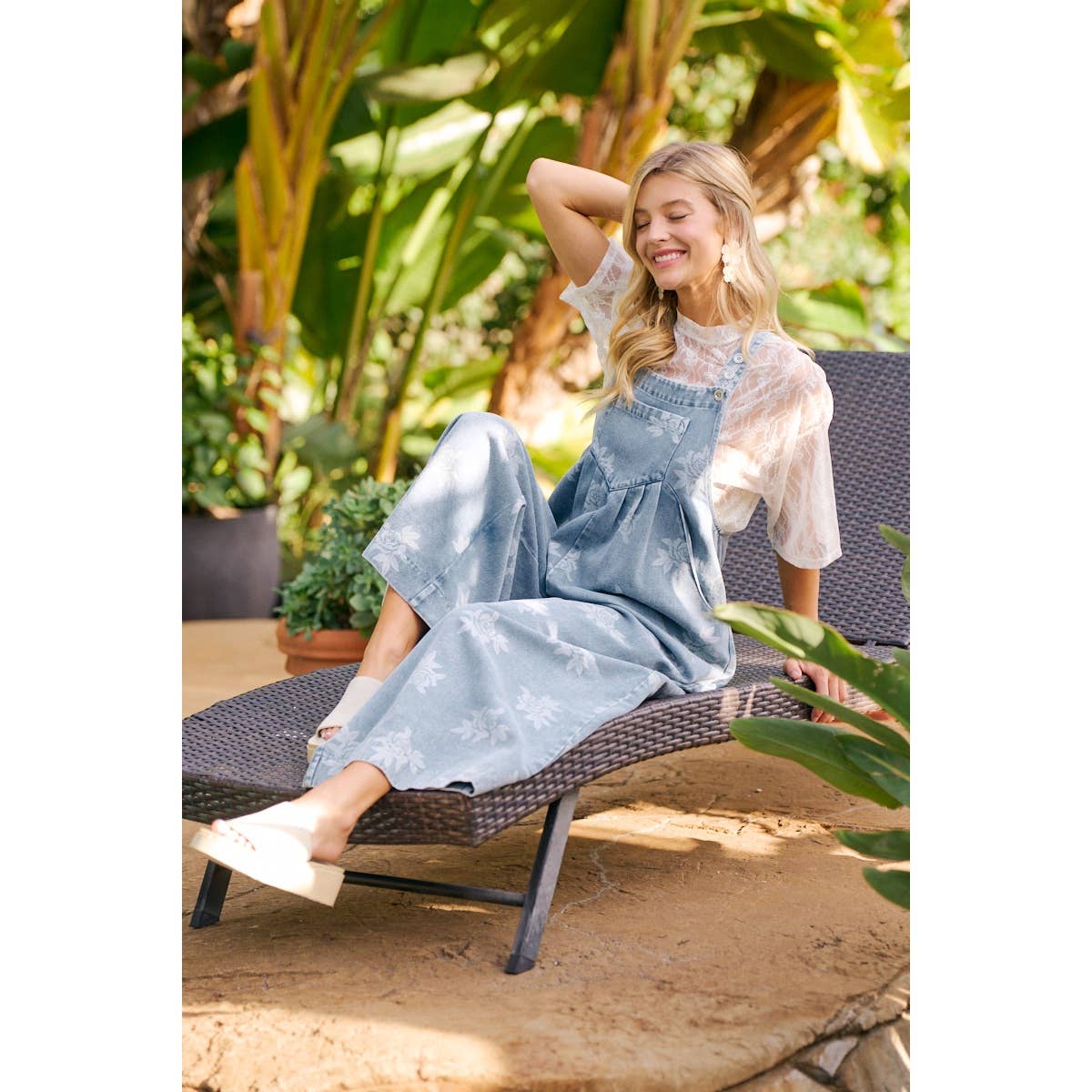 BiBi - ROSE PRINTED WASHED DENIM OVERALLS WITH PLEATS