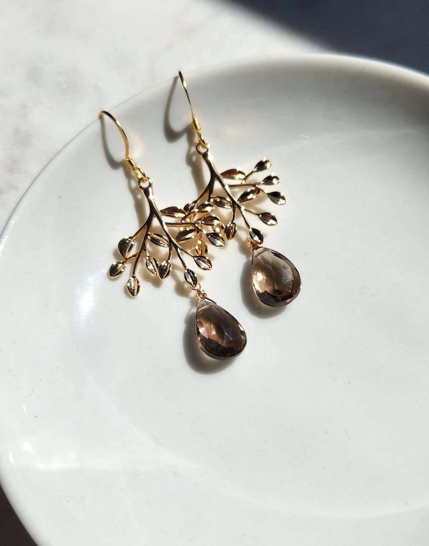 Edgy Petal Jewelry - Smoky Quartz Gold Plated Tree Earrings
