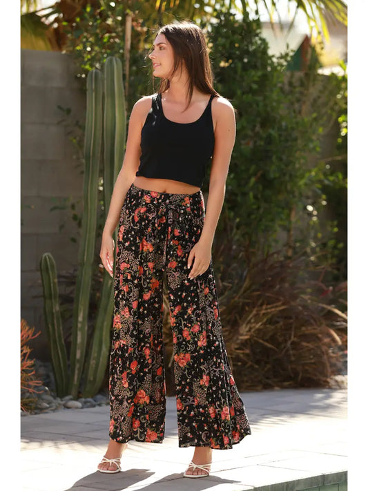 Black Floral Wide Leg Pants
