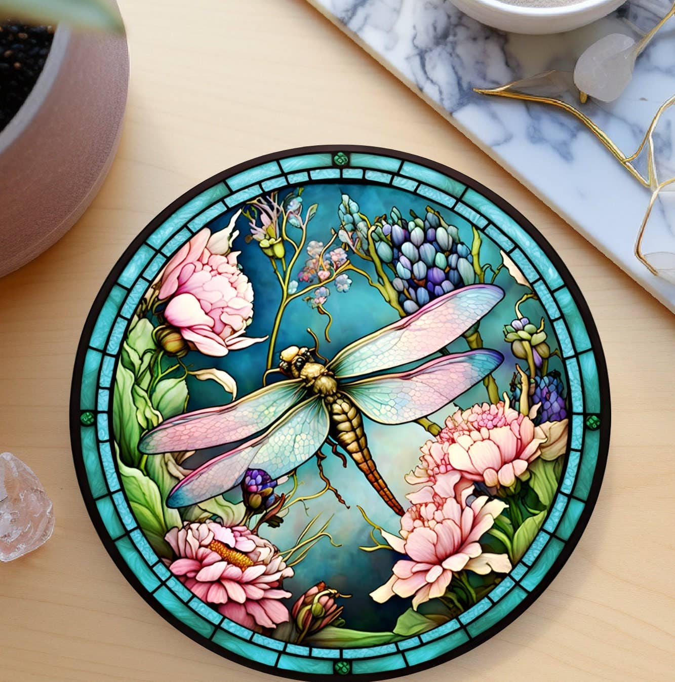 Fernville Creations - Dragonfly Coaster with Pink Flower for Coffee Table Decor