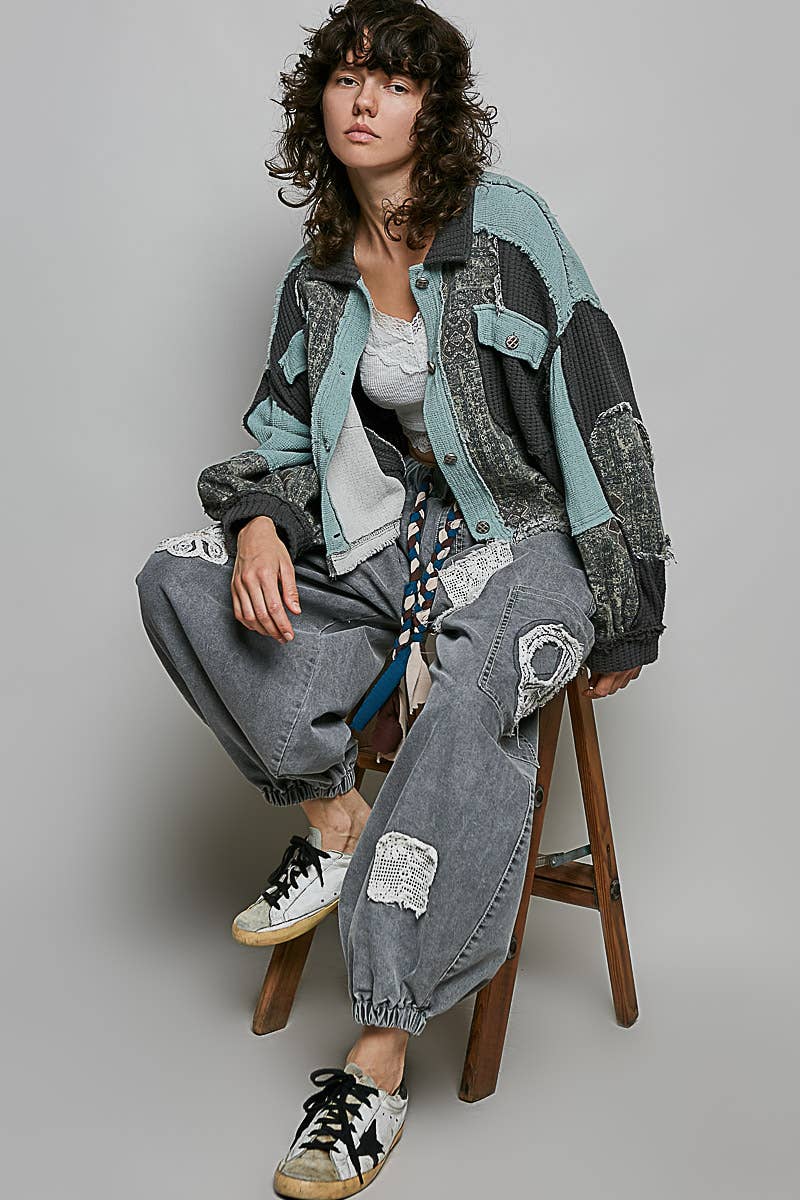 Pol Clothing - Balloon Sleeve Contrast Paisley Pattern Cropped Knit Jacket