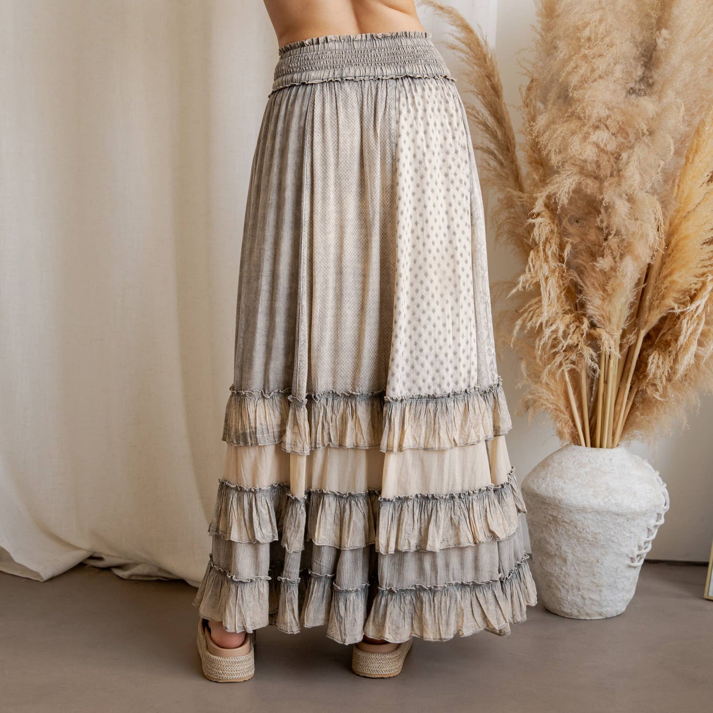 Young Threads - Rustic Textured Smocked Waist Ruffled Tiered Maxi Skirt