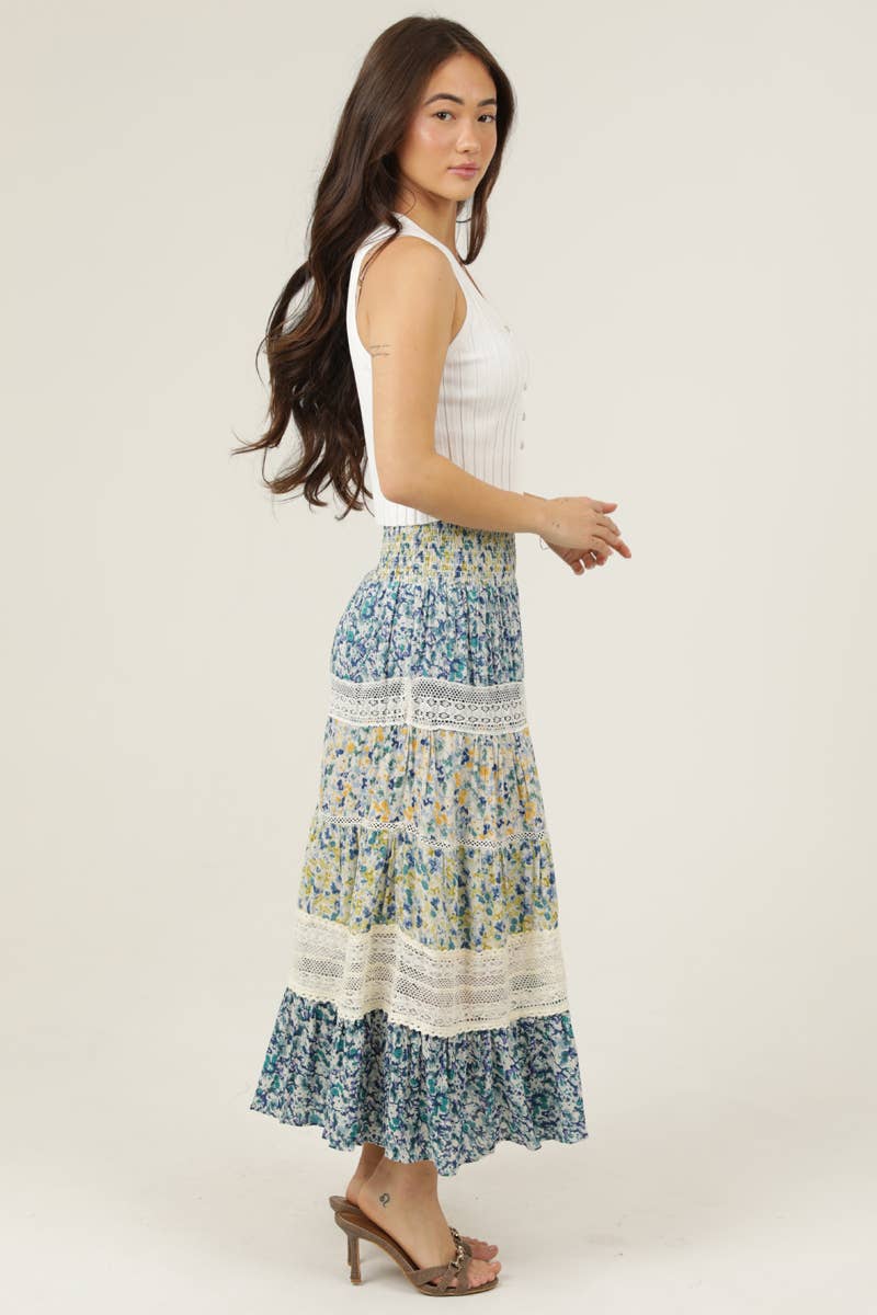 ANGIE - B6A92-A814 TIERED LACE TRIM SMOCKED WAIST MAXI SKIRT