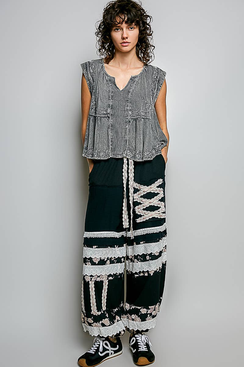 Pol Clothing - V-neck Sleeveless Vintage Washing Solid Linen Woven Top