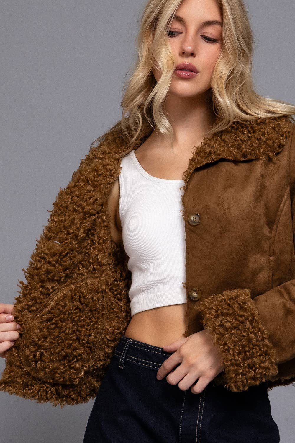 Active Basic | Active USA - Long Sleeve Inside Fur Detail Penny Lane Suede Short Jacket