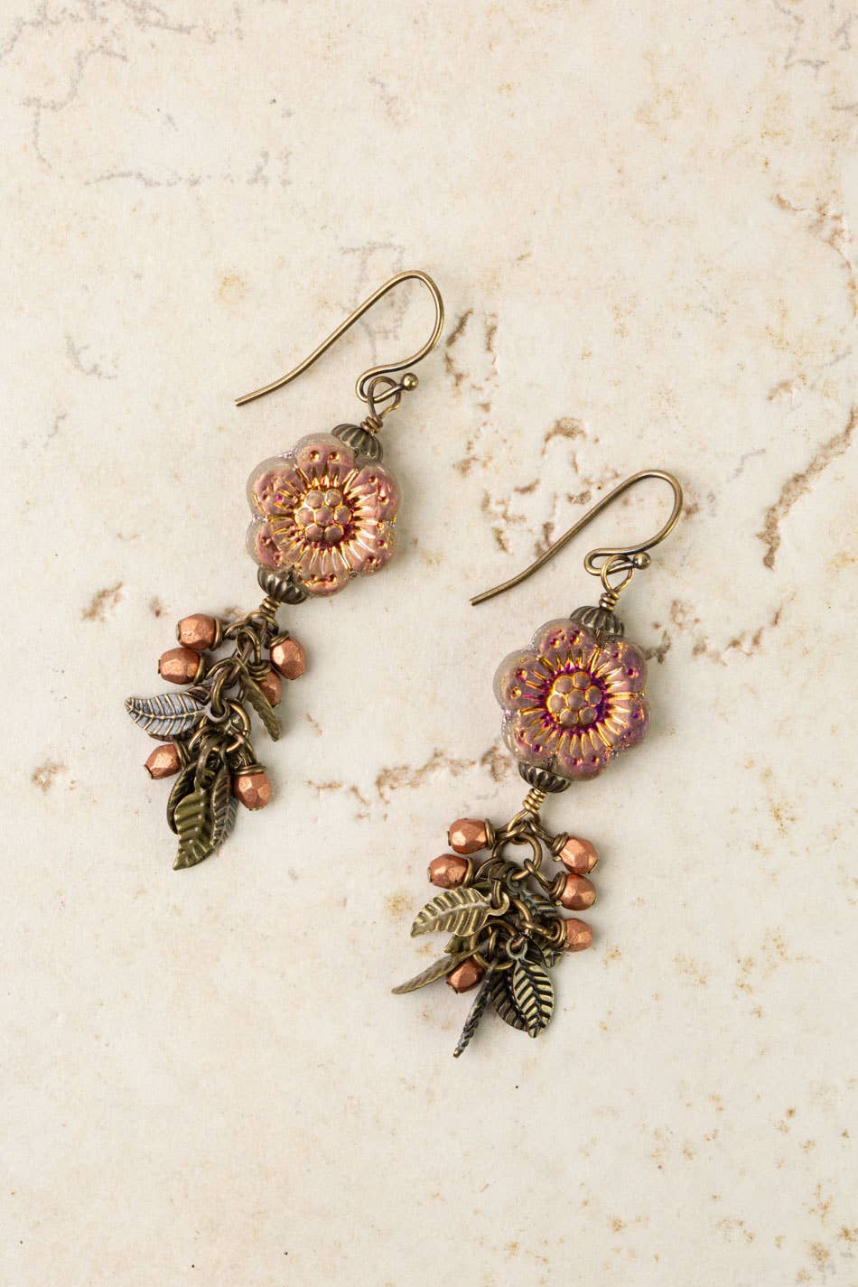 Anne Vaughan Designs Jewelry - Czech Glass Flower And Leaves Cluster Earrings