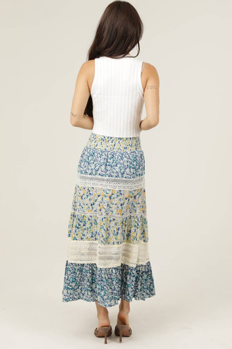 ANGIE - B6A92-A814 TIERED LACE TRIM SMOCKED WAIST MAXI SKIRT