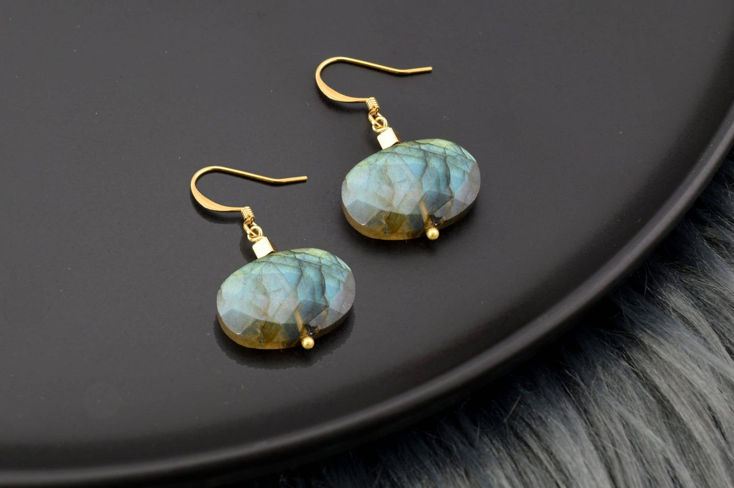 Edgy Petal Jewelry - Olivia Labradorite Oval Gold Earrings (Choose Stone Size)