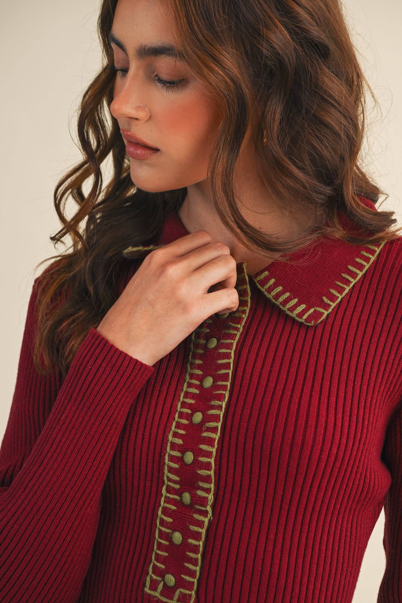 &MERCI - COLLARED RIBBED SWEATER WITH CONTRAST STITCH MSW11233