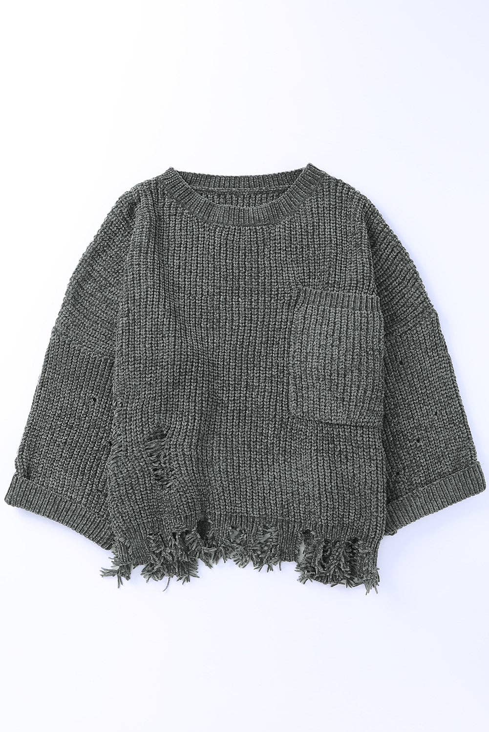 Lovesoft - Gray Ripped Raw Hem Chunky Pullover Sweater