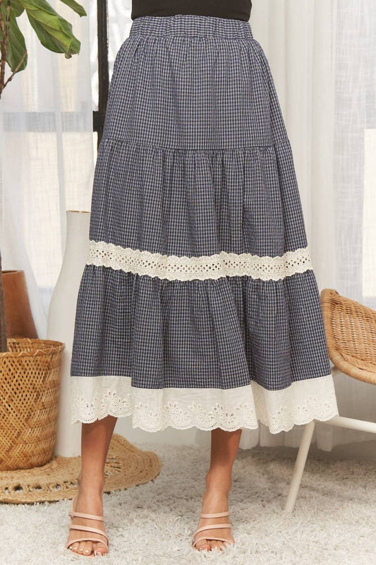 ADORA LA - CES4088 -GINGHAM TIERED MIDI SKIRT LACE TRIM
