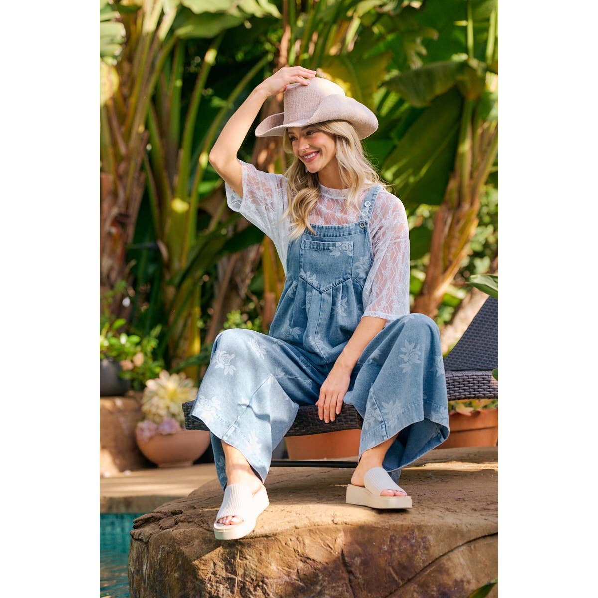 BiBi - ROSE PRINTED WASHED DENIM OVERALLS WITH PLEATS