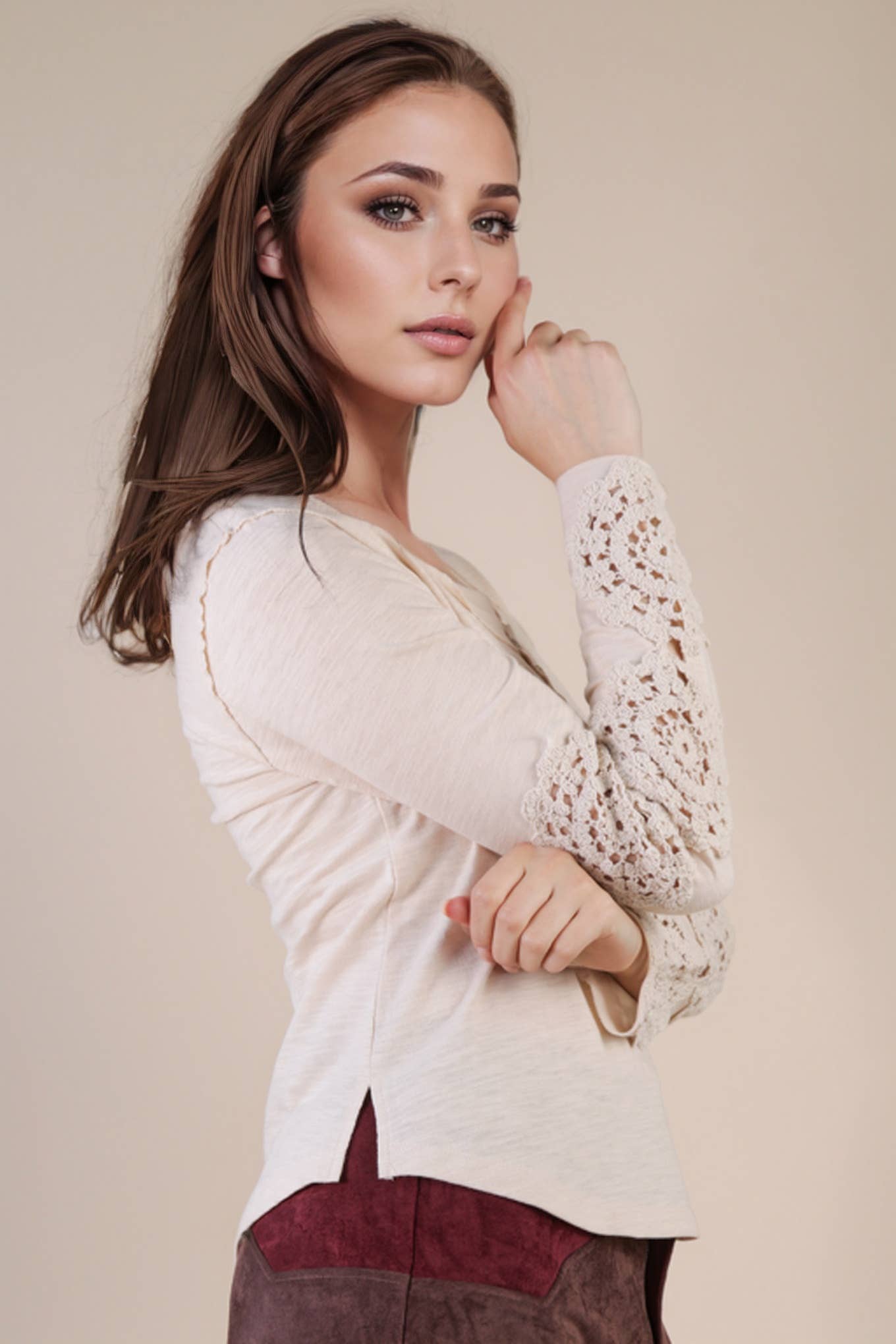 VERY J - NT12252-Sleeve Lace Trim Solid Knit Top