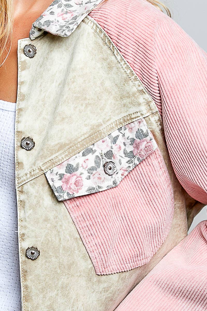 Pol Clothing - Soft Corduroy Sleeves Contrast Cropped Patchwork Jacket