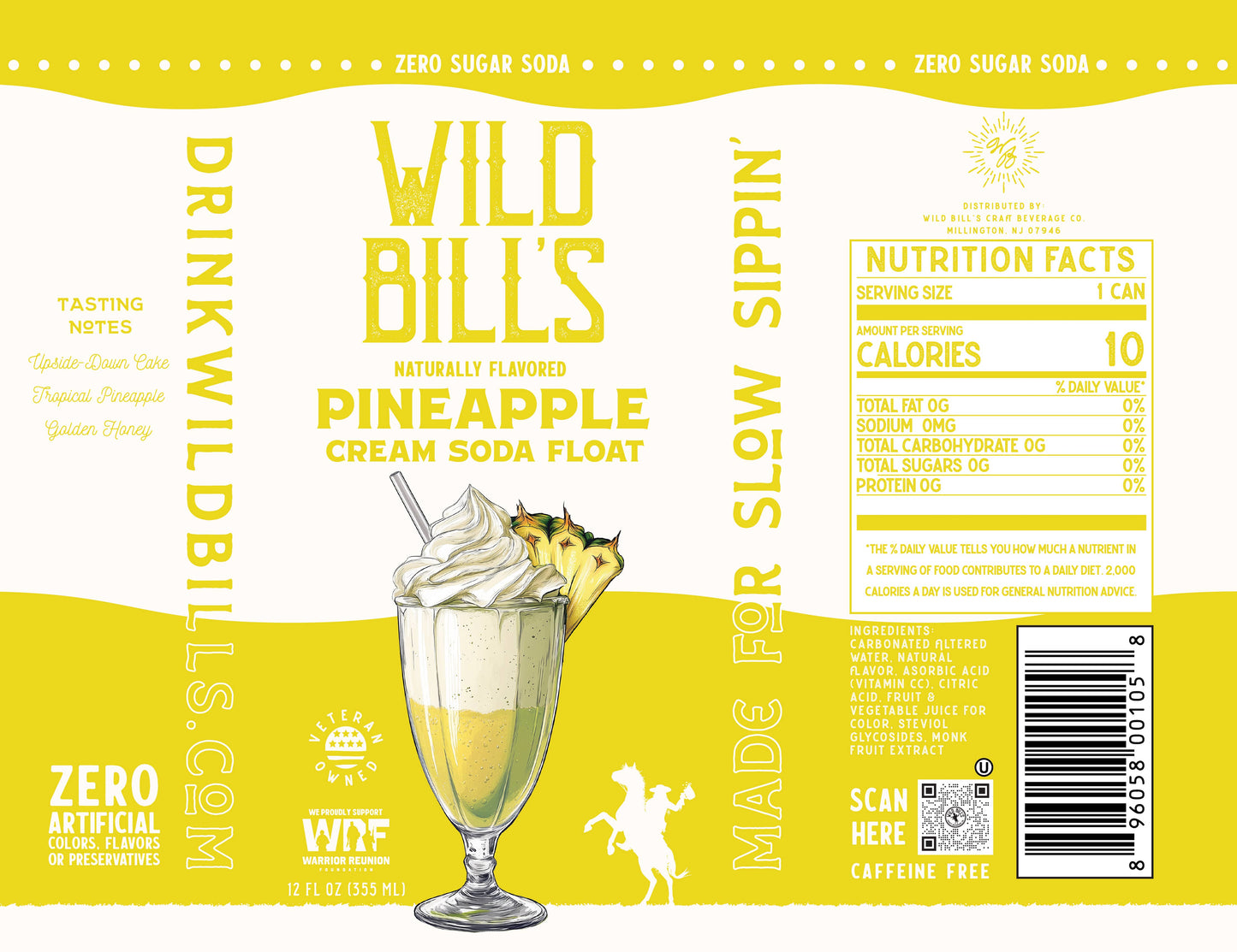 Wild Bill’s Craft Beverage Co. - Pineapple: Zero Sugar Soda, Clean Ingredients, 12-Pack, Cans