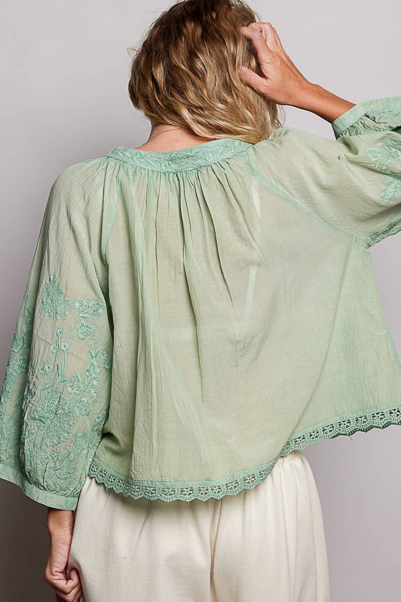 Pol Clothing - Floral Embroidered Lace Hem Boho Blouse
