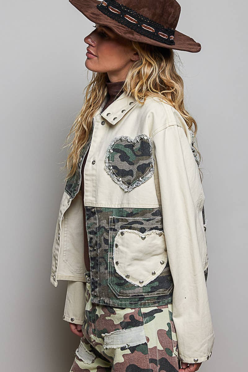 Pol Clothing - Heart-Shaped Patch Pockets Texture Stud Collar Woven Jacket
