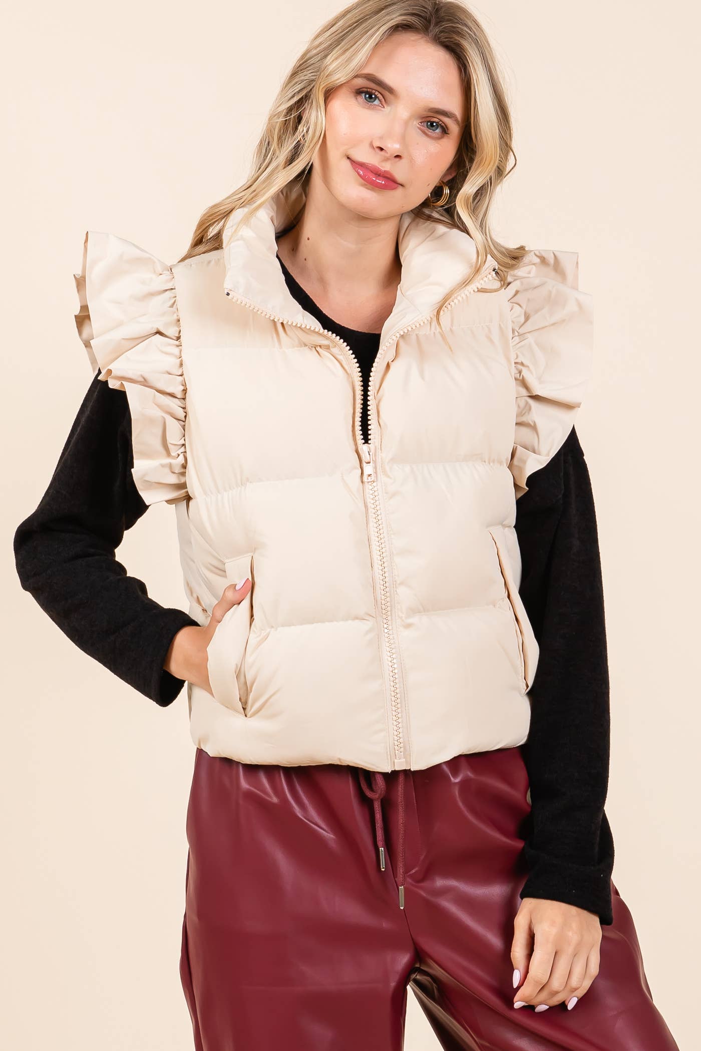 GeeGee Clothing - Ruffled Sleeve Puffer Vest, MJ4501