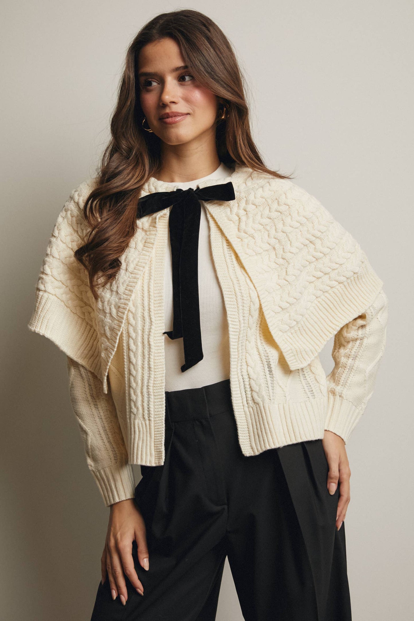 Forte - Cable Knit Capelet Cardigan with Velvet Bow FSW0017
