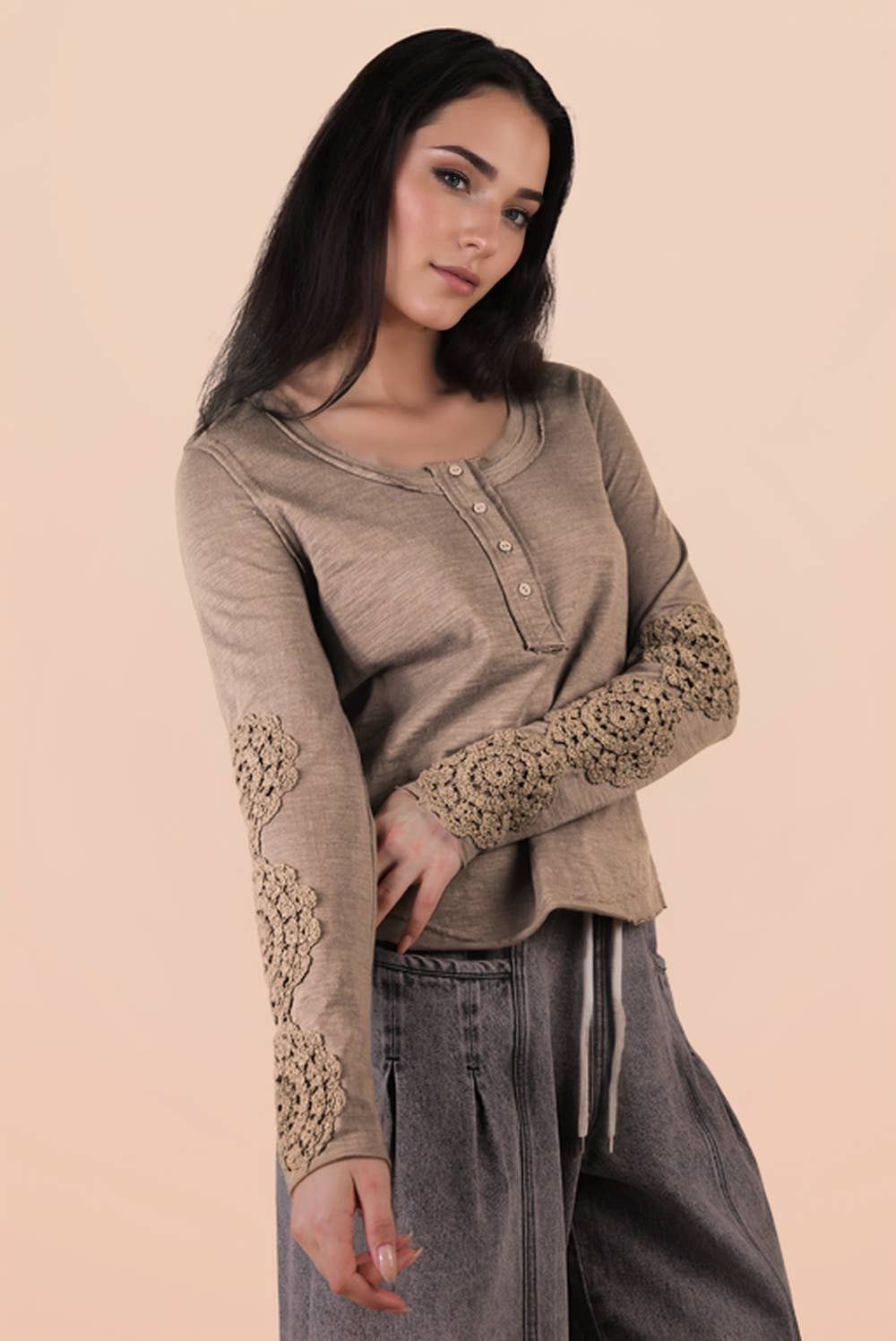 VERY J - NT12252-Sleeve Lace Trim Solid Knit Top