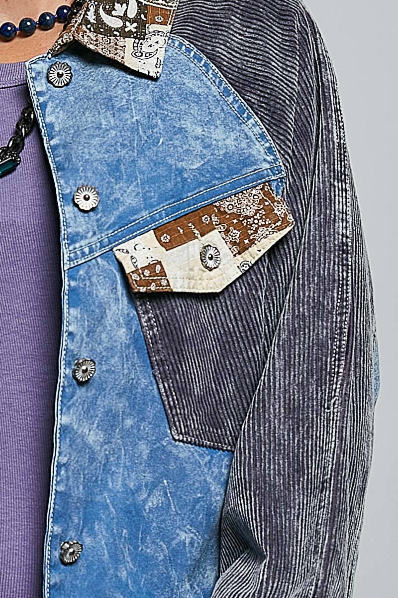 Pol Clothing - Soft Corduroy Sleeves Contrast Cropped Patchwork Jacket