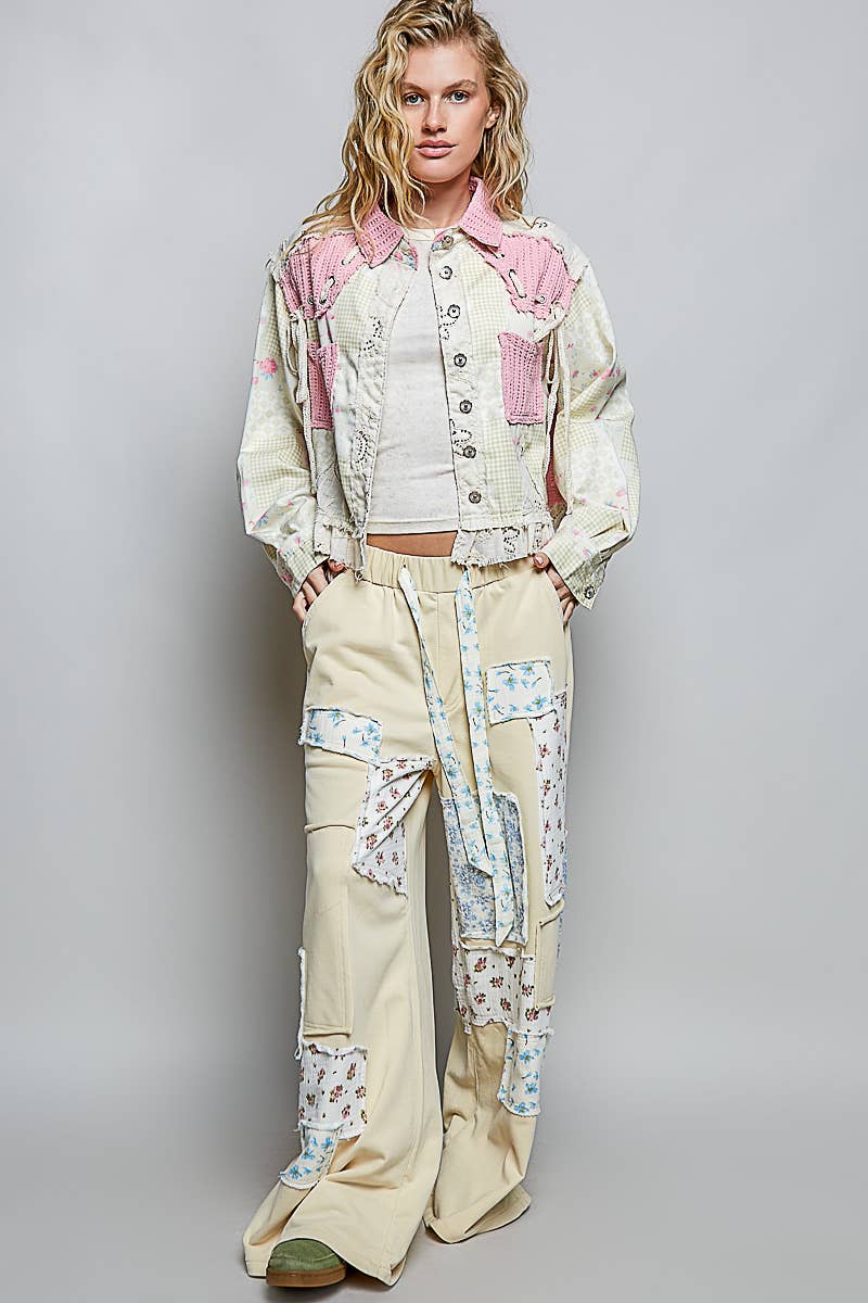Pol Clothing - Printed Twill Ruffle Hem Lace-Up Cropped Jacket