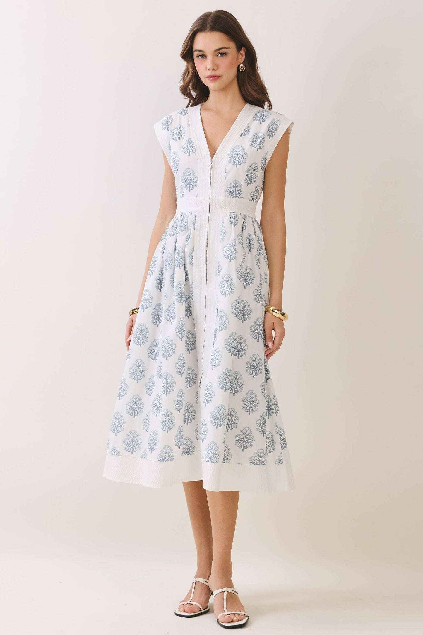 TCEC - CD06937-Floral Print Zipper Front Midi Dress