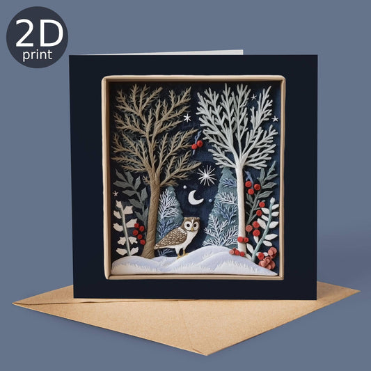 Good Post Day - Winter Moon Owl 2D Printed Shadow Box Card