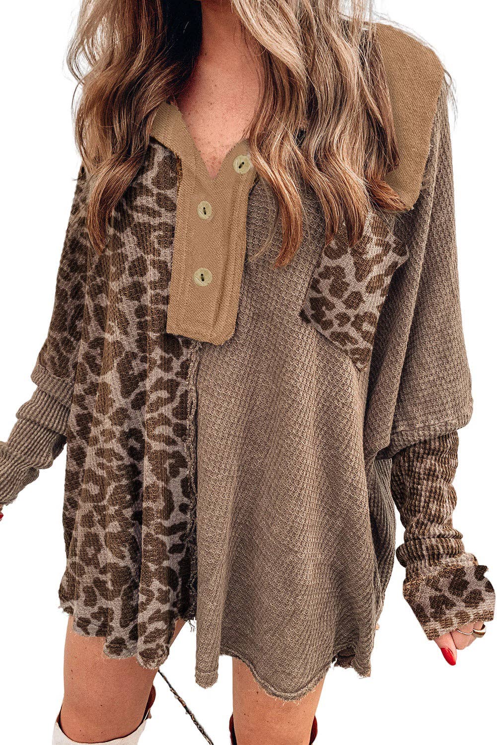 Lovesoft - Leopard Patchwork Waffle Knit Buttoned Blouse