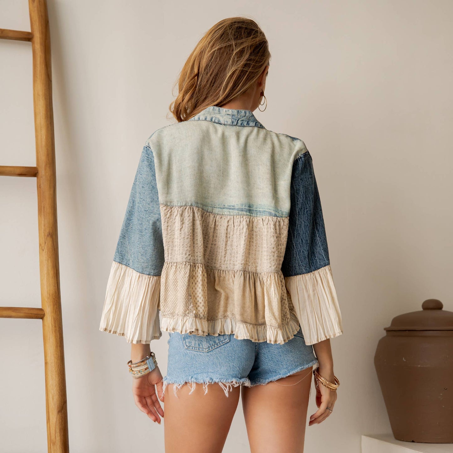 Young Threads - Lapel Detail Cropped Top with Handcrafted Boho Embroidery