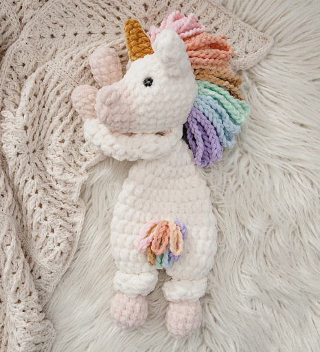 The Lumber Creek Co - Crochet Unicorn Plushie Snuggler Lovey Stuffed Animal Toy